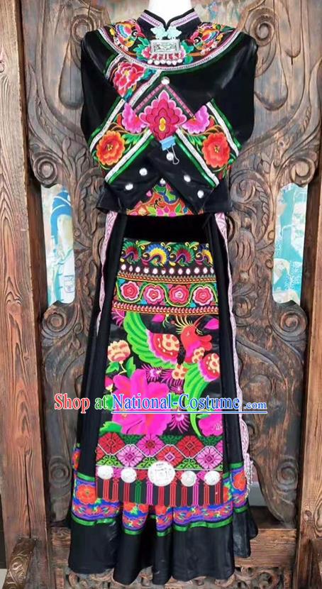 Chinese Yi Ethnic Group Women Garment Costumes Sichuan Minority Festival Black Dress Tujia Nationality Dance Uniforms