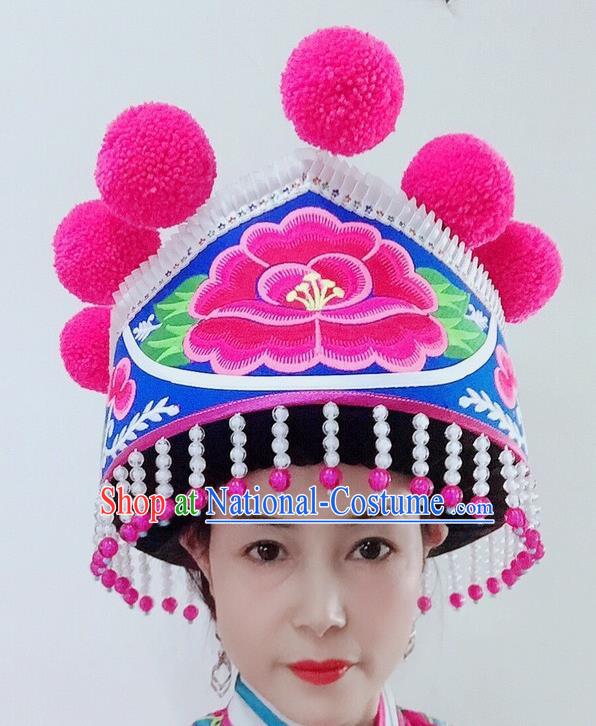 China Yunnan Minority Stage Performance Headdress Ethnic Woman Blue Hat Yi Nationality Dance Embroidered Headwear