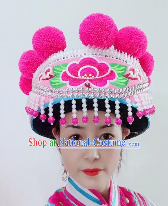 China Yi Nationality Dance Embroidered Headwear Yunnan Minority Stage Performance Headdress Ethnic Woman Pink Hat