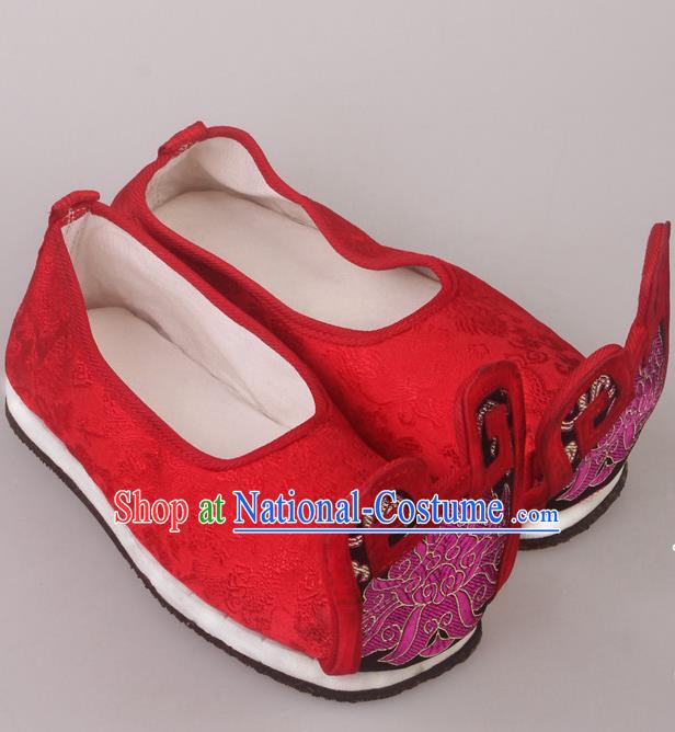 China Ancient Wedding Bridegroom Red Satin Shoes Tang Dynasty Male Shoes Beijing Opera Xiaosheng Shoes