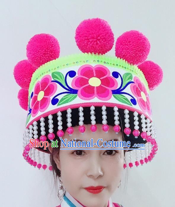 China Ethnic Woman White Hat Yi Nationality Dance Embroidered Headwear Yunnan Minority Stage Performance Headdress