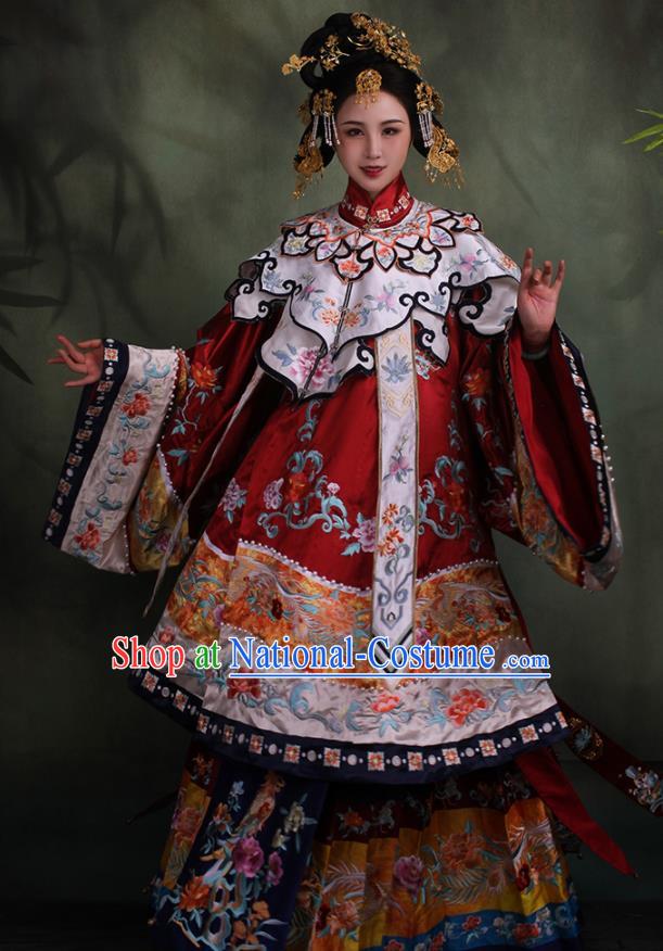 China Traditional Wedding Embroidered Red Hanfu Dress Qing Dynasty Court Historical Clothing Ancient Imperial Consort Garment Costumes