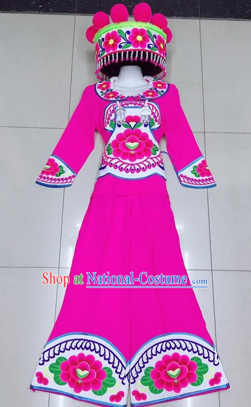 Chinese Ethnic Group Stage Performance Garment Costumes Yunnan Minority Female Informal Clothing Yi Nationality Dance Rosy Uniforms