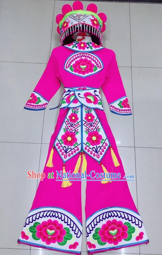 Chinese Ethnic Group Stage Performance Garment Costumes Yunnan Minority Female Informal Clothing Yi Nationality Dance Rosy Uniforms