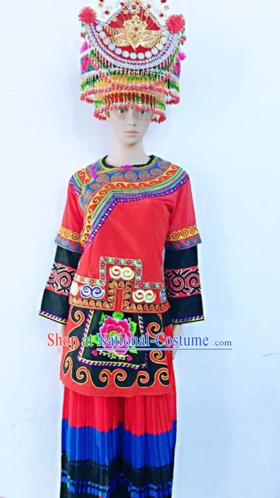 Chinese Pumi Nationality Bride Red Dress Uniforms Yunnan Ethnic Group Folk Dance Garment Costumes Yi Minority Women Wedding Clothing