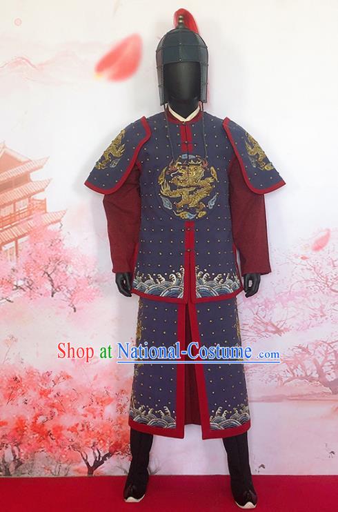 China Ancient Military Officer Garment Costumes Traditional Warrior Shogun Clothing Ming Dynasty General Blue Armor Uniforms and Helmet