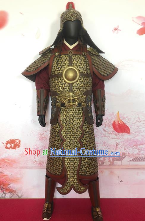 China Tang Dynasty General Golden Armor Uniforms Ancient Military Officer Garment Costumes Traditional Strategos Clothing and Headwear