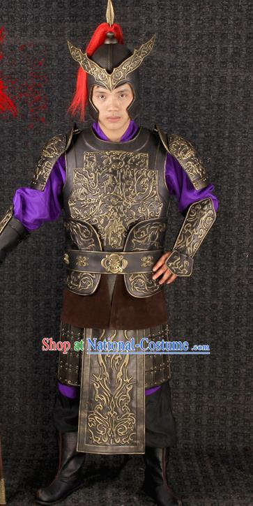 China Traditional Strategos Clothing Han Dynasty General Brown Armor Uniforms Ancient Military Officer Garment Costumes and Headdress