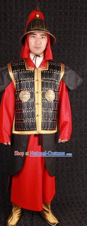 China Ming Dynasty Soldier Black Armor Uniforms Ancient General Garment Costumes Traditional Military Officer Clothing and Hat