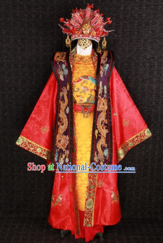 China Ming Dynasty Queen Embroidered Garment Costumes Wedding Female Attire Ancient Empress Red Hanfu Dress and Phoenix Coronet