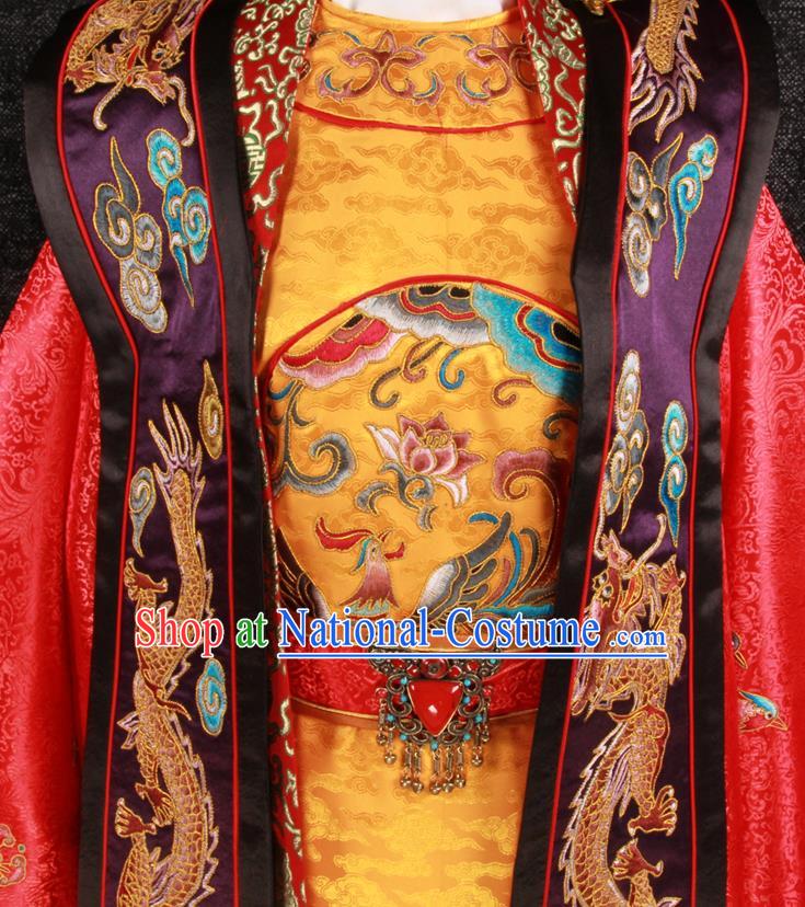 China Ming Dynasty Queen Embroidered Garment Costumes Wedding Female Attire Ancient Empress Red Hanfu Dress and Phoenix Coronet