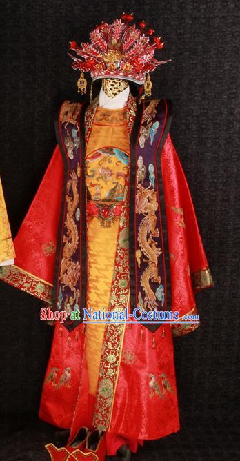 China Ming Dynasty Queen Embroidered Garment Costumes Wedding Female Attire Ancient Empress Red Hanfu Dress and Phoenix Coronet