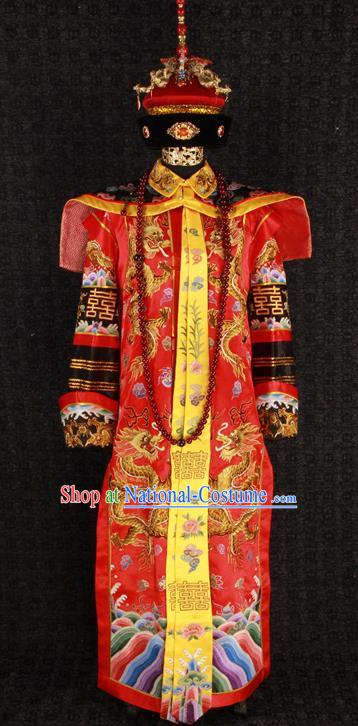 China Qing Dynasty Queen Embroidered Garment Costumes Traditional Wedding Female Attire Ancient Manchu Empress Red Dress and Hat