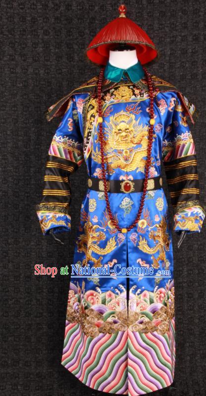 China Traditional Embroidered Royalblue Dragon Robe Clothing Qing Dynasty Official Uniforms Ancient Manchu Royal Highness Garment Costumes and Hat