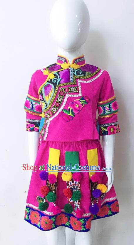 Chinese Hani Minority Children Clothing Yao Nationality Girl Rosy Dress Uniforms Yunnan Ethnic Group Performance Garment Costumes