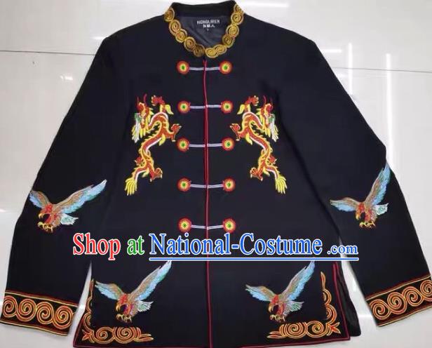 China Ethnic Costume Yi Minority Male Outer Garment Sichuan Nationality Dance Embroidered Black Jacket