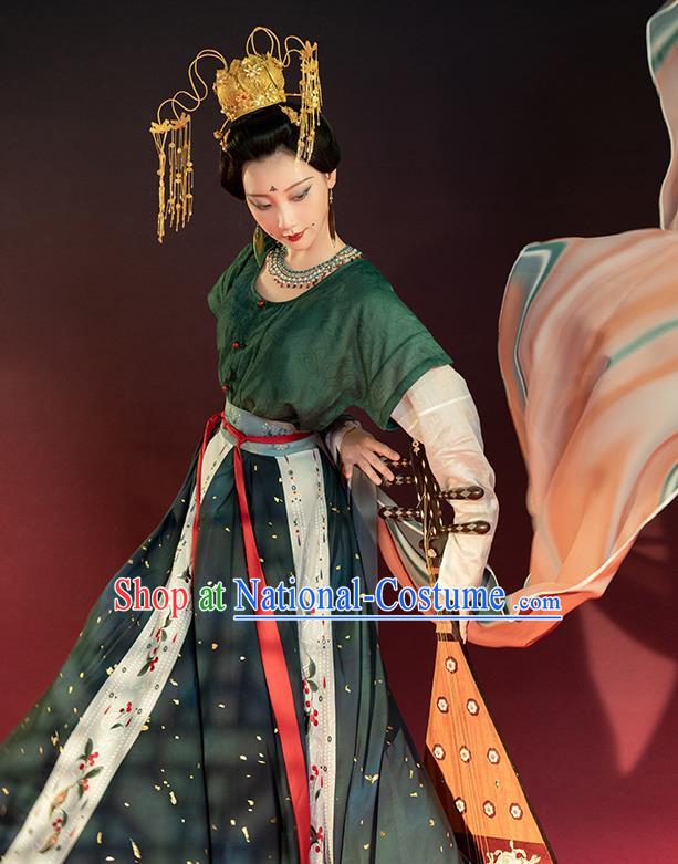 China Traditional Tang Dynasty Court Lady Historical Clothing Ancient Court Princess Green Hanfu Dress Garments