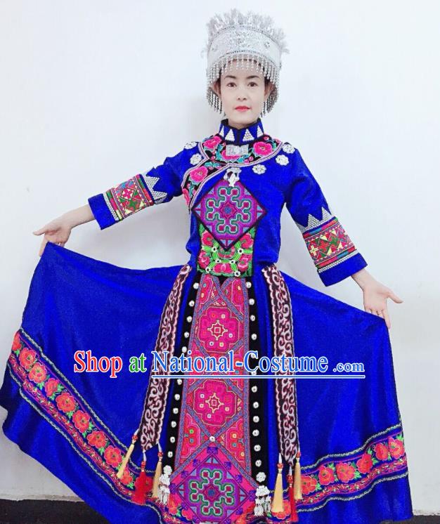 Chinese Yi Nationality Bride Blue Uniforms Xiangxi Ethnic Group Women Garment Costumes Qiang Minority Dance Clothing