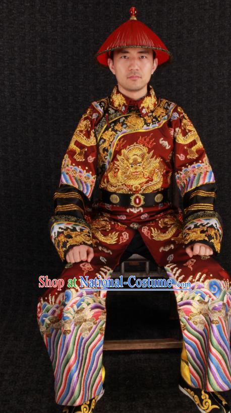 China Qing Dynasty Official Uniforms Ancient Royal Highness Garment Costumes Traditional Embroidered Red Dragon Robe Clothing and Headwear