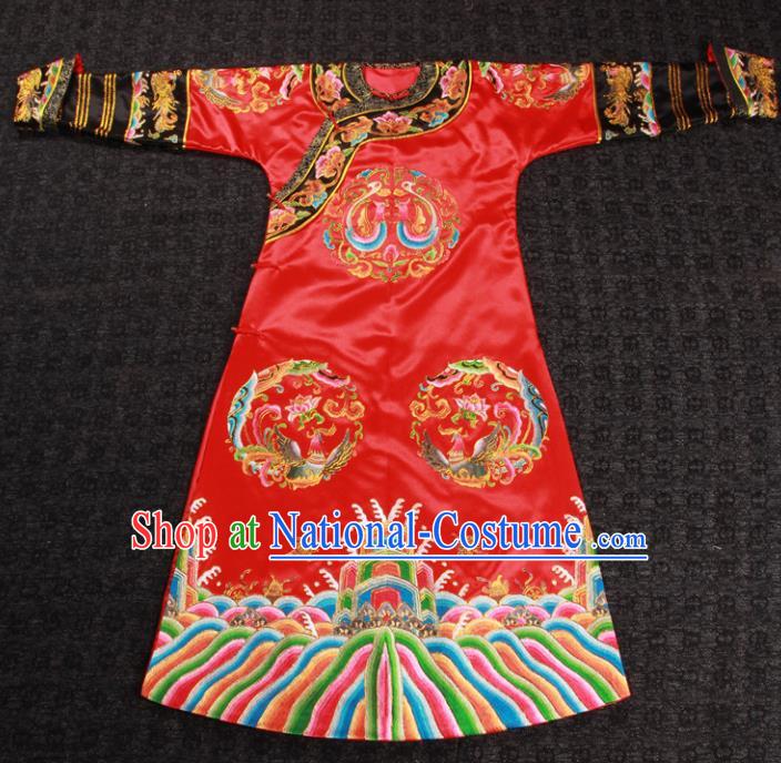 China Ancient Manchu Empress Red Dress Qing Dynasty Queen Embroidered Garment Costumes Traditional Wedding Female Attire