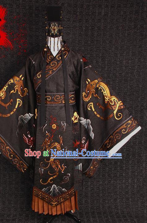 China Traditional Embroidered Black Imperial Robe Clothing Qin Dynasty Emperor Uniforms Ancient Royal King Garment Costumes and Headpiece