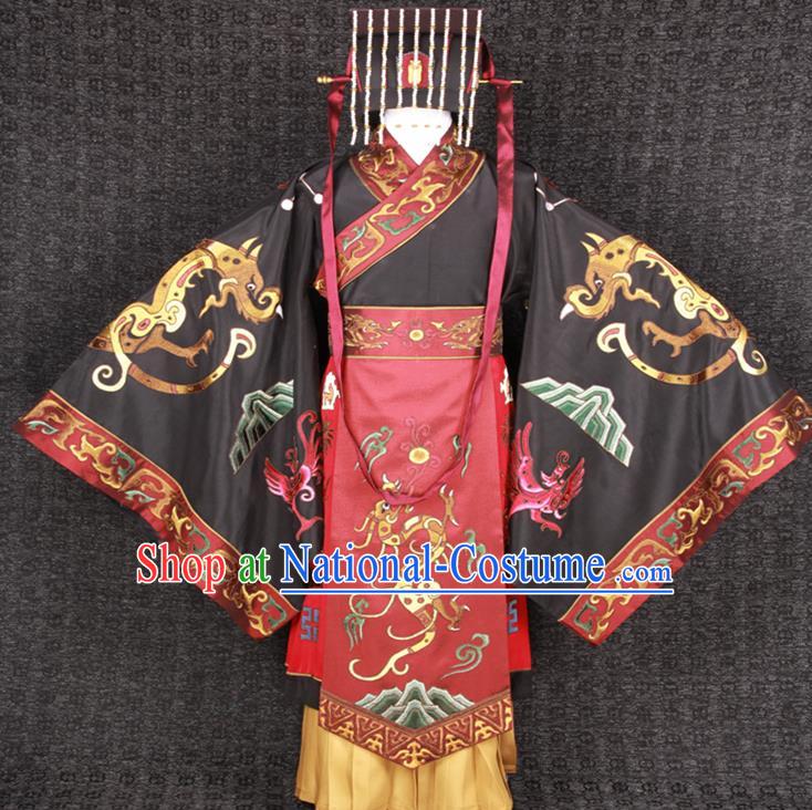 China Ancient Royal King Garment Costumes Traditional Embroidered Imperial Robe Clothing Han Dynasty Emperor Uniforms and Hair Accessories