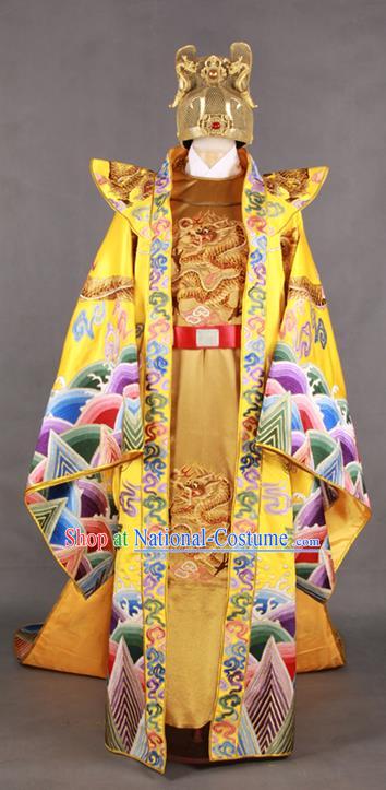 China Ming Dynasty Emperor Golden Uniforms Ancient Royal King Garment Costumes Traditional Embroidered Imperial Robe Clothing and Hat