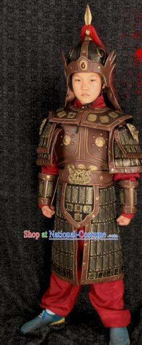 China Ancient Children Warrior Garment Costumes Traditional Drama Kid Brown Armor Clothing Tang Dynasty General Uniforms