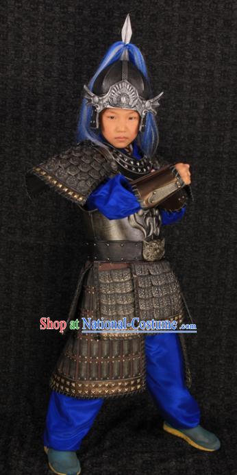 China Ancient Children Warrior Garment Costumes Traditional Drama Kid Soldier Black Armor Clothing Han Dynasty General Uniforms and Headdress