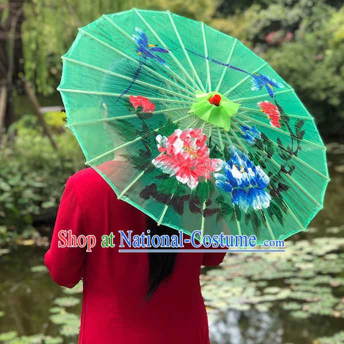 Chinese Painting Peony Umbrella Classical Dance Umbrellas Handmade Green Silk Umbrella Traditional Hanfu Prop Bumbershoot