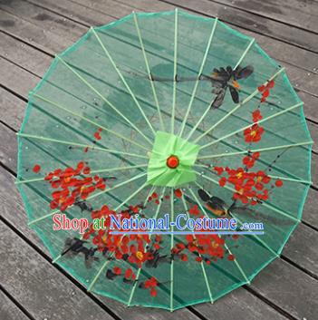 Chinese Traditional Hanfu Prop Bumbershoot Painting Plum Blossom Umbrella Classical Dance Umbrellas Handmade Green Silk Umbrella