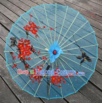 Chinese Blue Silk Umbrella Traditional Hanfu Bumbershoot Prop Hand Painting Plum Blossom Umbrella Classical Dance Umbrellas