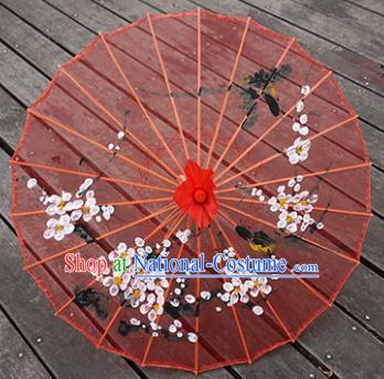 Chinese Dance Prop Hand Painting Plum Blossom Umbrella Classical Umbrellas Red Silk Umbrella Traditional Hanfu Bumbershoot