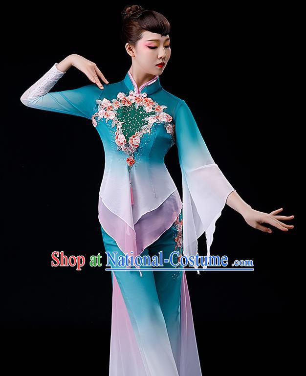 Chinese Folk Dance Blue Uniforms Traditional Fan Dance Garment Costumes Yangko Performance Clothing Yangge Dance Apparels