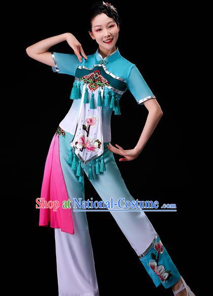 Chinese Traditional Fan Dance Garment Costumes Yangko Square Performance Clothing Yangge Dance Apparels Folk Dance Blue Uniforms