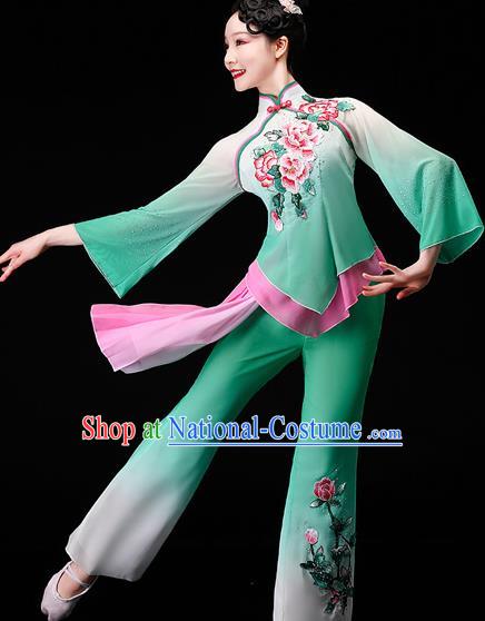 Chinese Folk Dance Green Chiffon Uniforms Traditional Fan Dance Garment Costumes Yangko Square Performance Clothing Yangge Dance Apparels