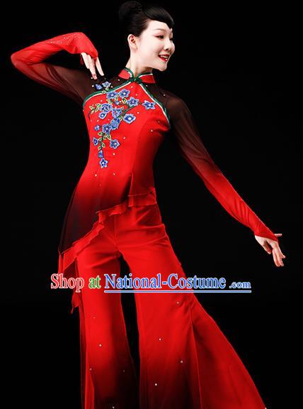 Chinese Yangge Dance Apparels Folk Dance Red Chiffon Uniforms Traditional Fan Dance Garment Costumes Yangko Square Performance Clothing