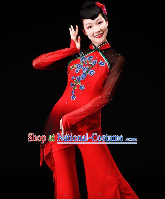 Chinese Yangge Dance Apparels Folk Dance Red Chiffon Uniforms Traditional Fan Dance Garment Costumes Yangko Square Performance Clothing