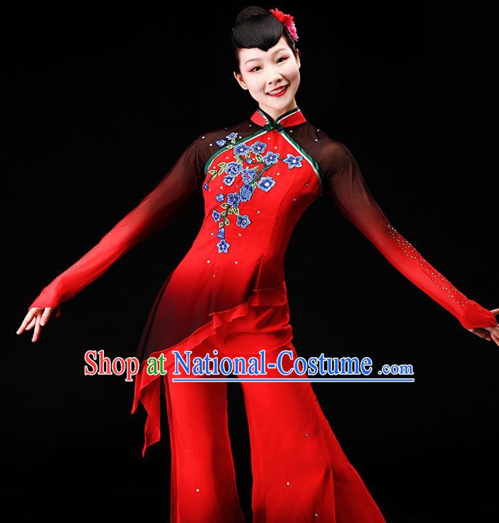 Chinese Yangge Dance Apparels Folk Dance Red Chiffon Uniforms Traditional Fan Dance Garment Costumes Yangko Square Performance Clothing