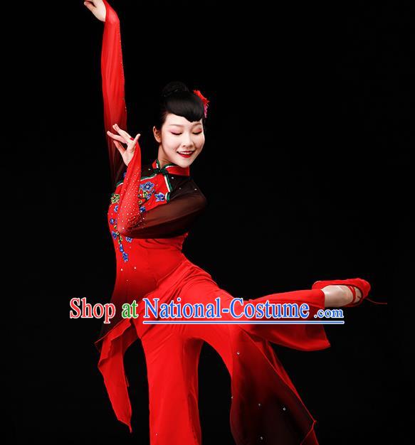 Chinese Yangge Dance Apparels Folk Dance Red Chiffon Uniforms Traditional Fan Dance Garment Costumes Yangko Square Performance Clothing