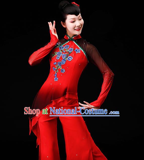 Chinese Yangge Dance Apparels Folk Dance Red Chiffon Uniforms Traditional Fan Dance Garment Costumes Yangko Square Performance Clothing