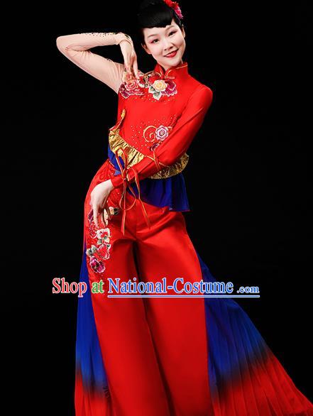 Chinese Yangko Performance Clothing Drum Dance Apparels Folk Dance Red Satin Uniforms Traditional Fan Dance Garment Costumes