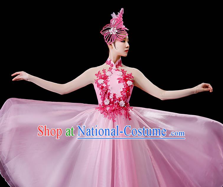 Professional Modern Dance Pink Veil Dress Opening Dance Garment Women Group Dance Fashion Chorus Performance Costume