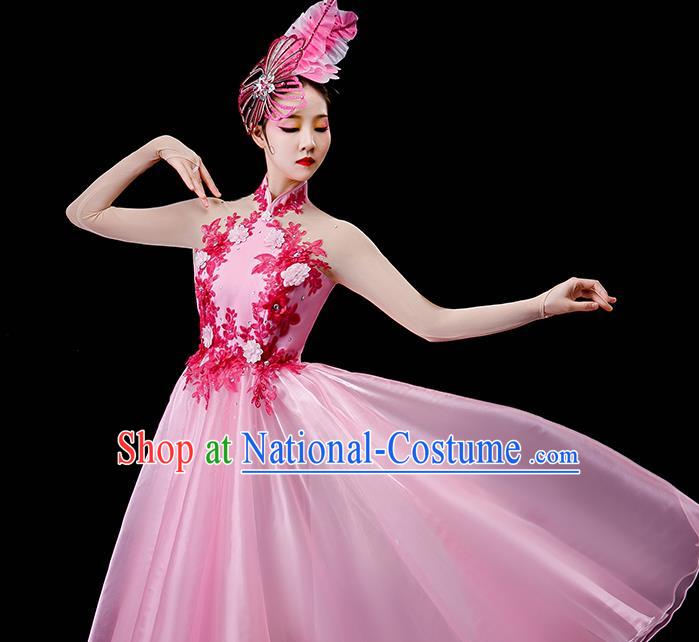 Professional Modern Dance Pink Veil Dress Opening Dance Garment Women Group Dance Fashion Chorus Performance Costume