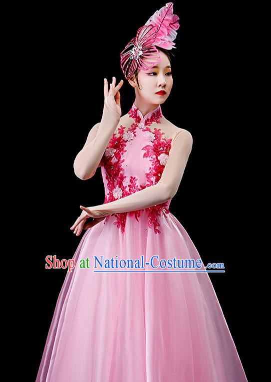 Professional Modern Dance Pink Veil Dress Opening Dance Garment Women Group Dance Fashion Chorus Performance Costume