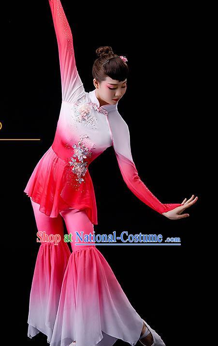 China Classical Dance Pink Dress Drum Dance Garment Costumes Fan Dance Clothing Stage Performance Fashion Uniforms