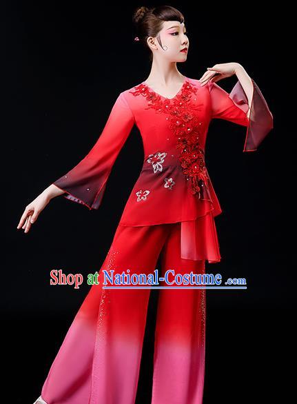 Chinese Folk Dance Red Chiffon Uniforms Traditional Fan Dance Garment Costumes Yangko Dance Clothing Women Square Performance Apparels