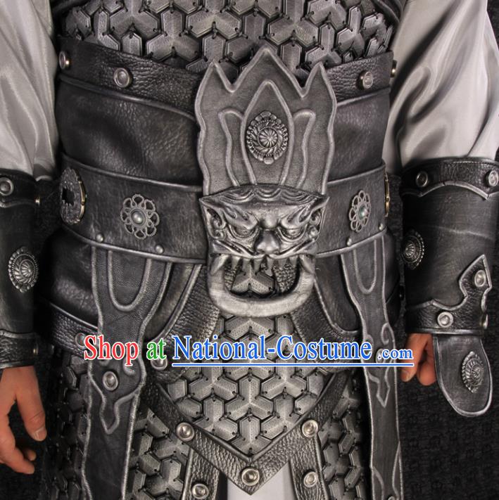 China Three Kingdoms Period General Zhao Yun Uniforms Ancient Warrior Garment Costumes Traditional Drama Military Officer Grey Armor Clothing and Helmet