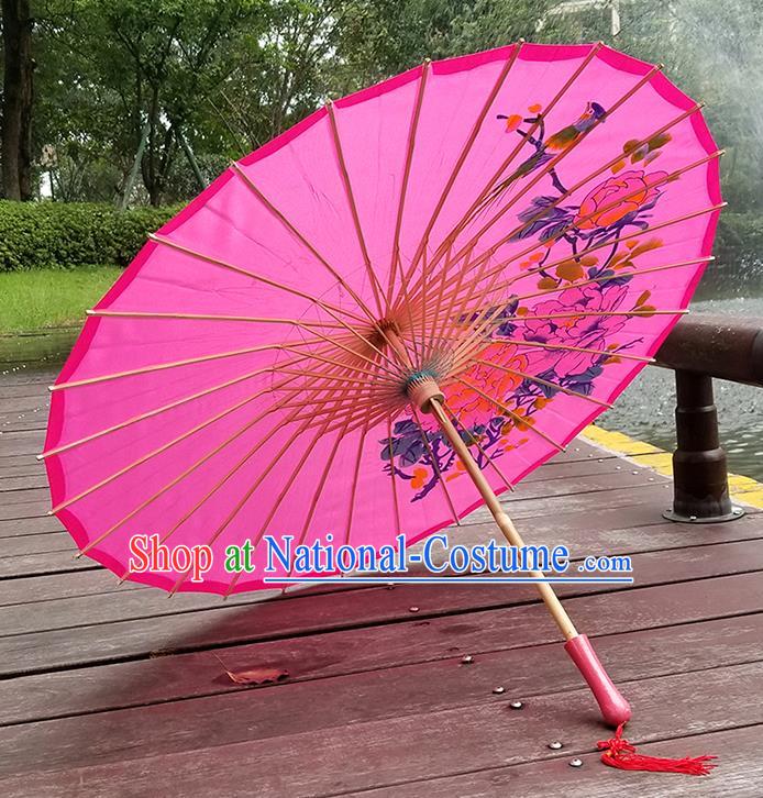 Chinese Traditional Hanfu Bumbershoot Dance Prop Hand Painting Peony Umbrella Classical Umbrellas Pink Silk Umbrella