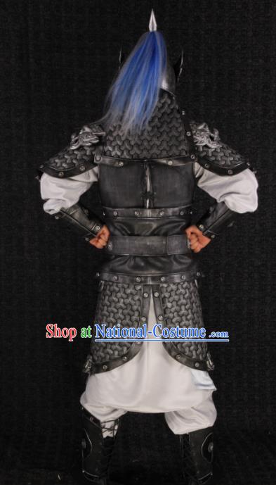 China Three Kingdoms Period General Zhao Yun Uniforms Ancient Warrior Garment Costumes Traditional Drama Military Officer Grey Armor Clothing and Helmet